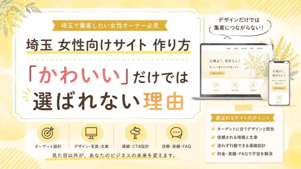 埼玉で女性向けサイトを作る際に、かわいいだけでは選ばれない理由と、ターゲット・文章・導線・信頼情報の重要性を示したアイキャッチ画像