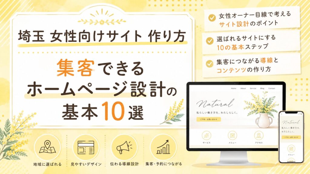 埼玉で女性向けサイトを作る際の基本10選を、デザイン・導線・集客・予約の視点で示したブログ用アイキャッチ画像
