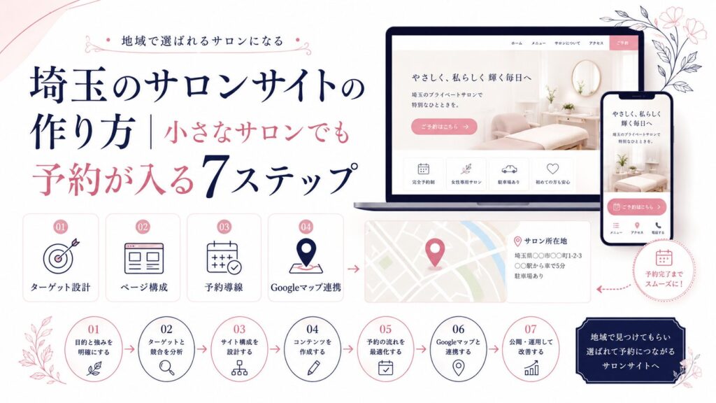 埼玉のサロンサイトの作り方と、予約につながる7ステップを紹介するイラスト