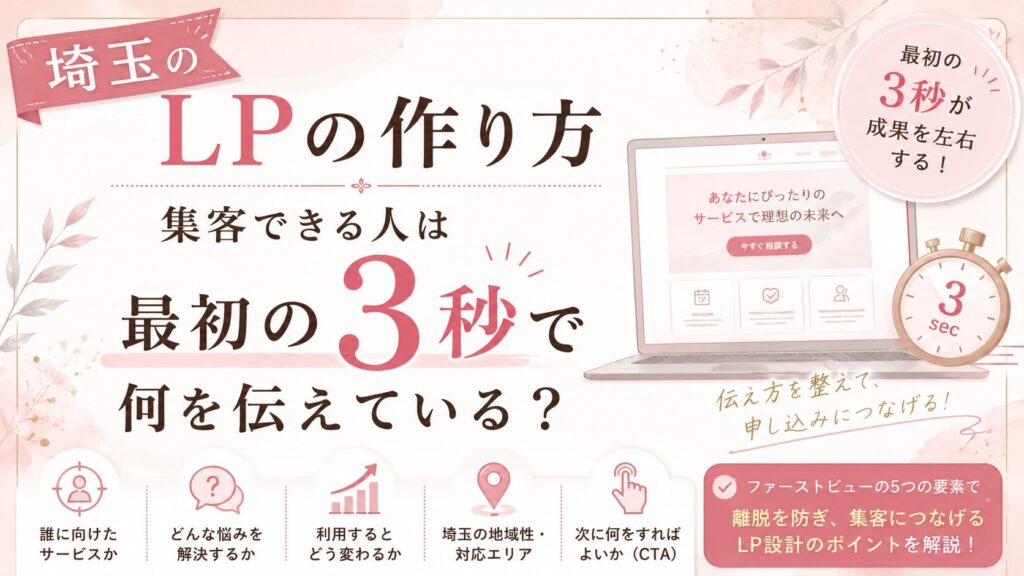 埼玉のLPの作り方をテーマに、集客できる人が最初の3秒で伝えているポイントをイラストで分かりやすく紹介したアイキャッチ画像