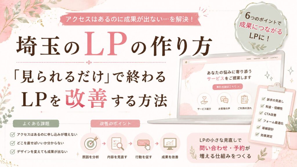 埼玉のLPでアクセスはあるのに成果が出ない原因と、問い合わせにつなげる6つの改善ポイントを紹介するイラスト