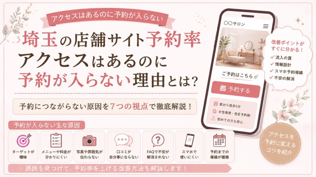 埼玉の店舗サイト予約率が低い原因を、流入の質・情報設計・口コミ・FAQ・スマホ予約導線の視点で解説するアイキャッチ画像