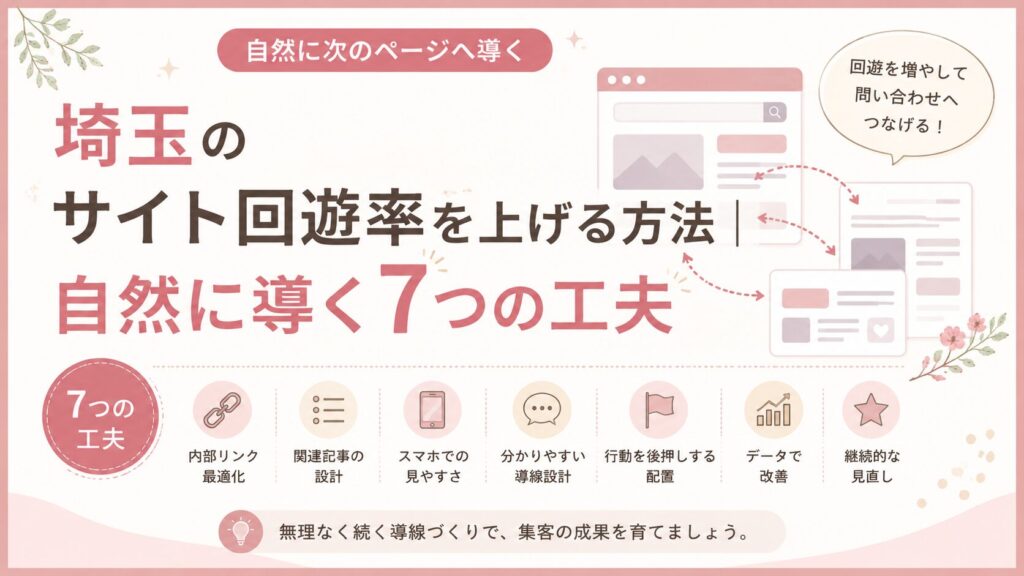 埼玉のサイト回遊率を上げる7つの工夫を、内部リンク・関連記事・スマホ導線・データ改善などのイラストで解説したアイキャッチ画像