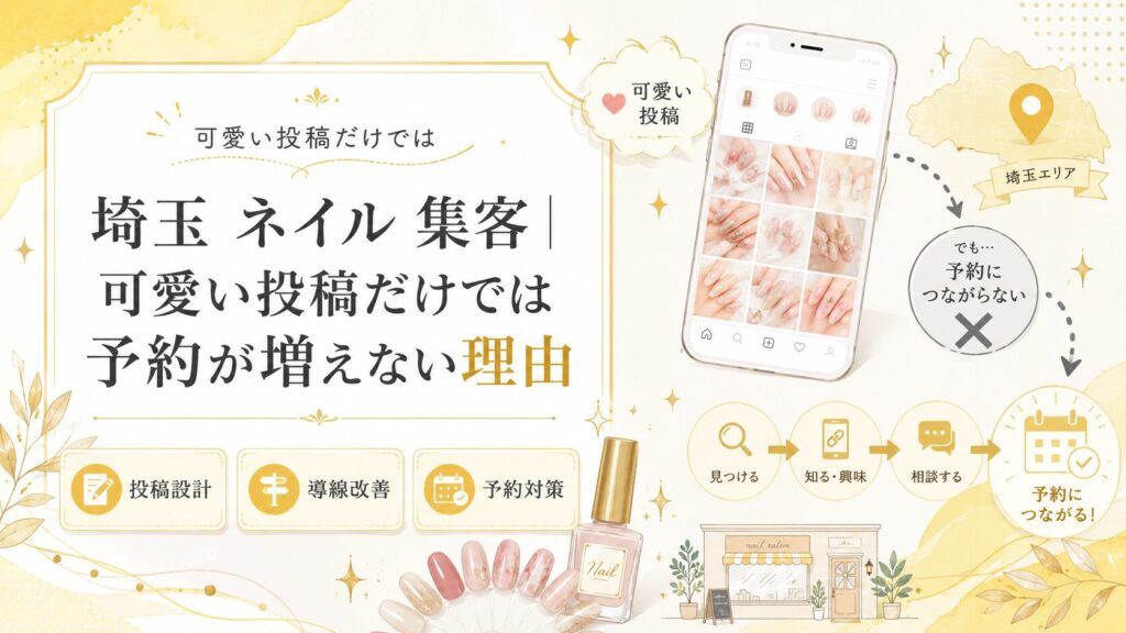 埼玉のネイルサロン向けに、可愛いInstagram投稿だけでは予約が増えない理由と、投稿設計・導線改善・予約対策を解説するアイキャッチ画像