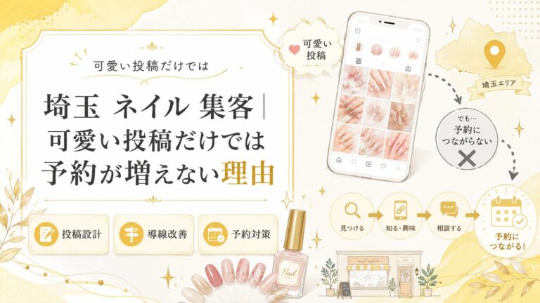 埼玉のネイルサロン向けに、可愛いInstagram投稿だけでは予約が増えない理由と、投稿設計・導線改善・予約対策を解説するアイキャッチ画像