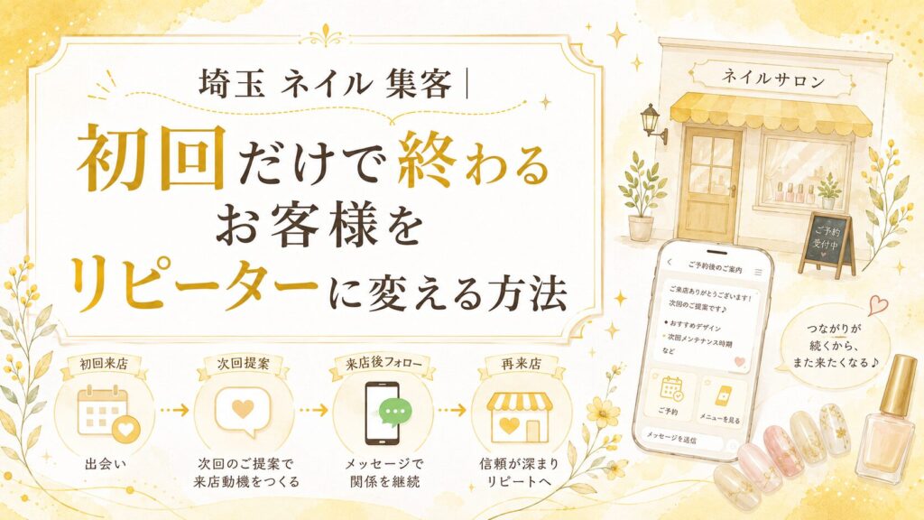 埼玉のネイルサロン向けに、初回だけで終わるお客様をリピーターに変えるための次回提案・来店後フォロー・公式LINE・再来店導線を解説するアイキャッチ画像