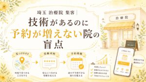 埼玉の治療院向けに、技術があるのに予約が増えない原因と、見つけやすさ・信頼材料・予約導線の改善を解説するアイキャッチ画像