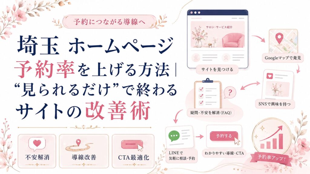 埼玉のホームページ予約率を上げる方法を、予約につながる導線設計・不安解消・CTA最適化の流れで示したブログ用アイキャッチ画像