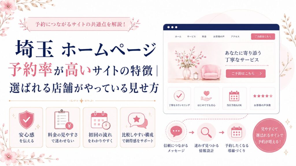 埼玉のホームページ予約率が高いサイトの特徴を、安心感・料金の見やすさ・初回の流れ・比較しやすい構成で示したブログ用アイキャッチ画像