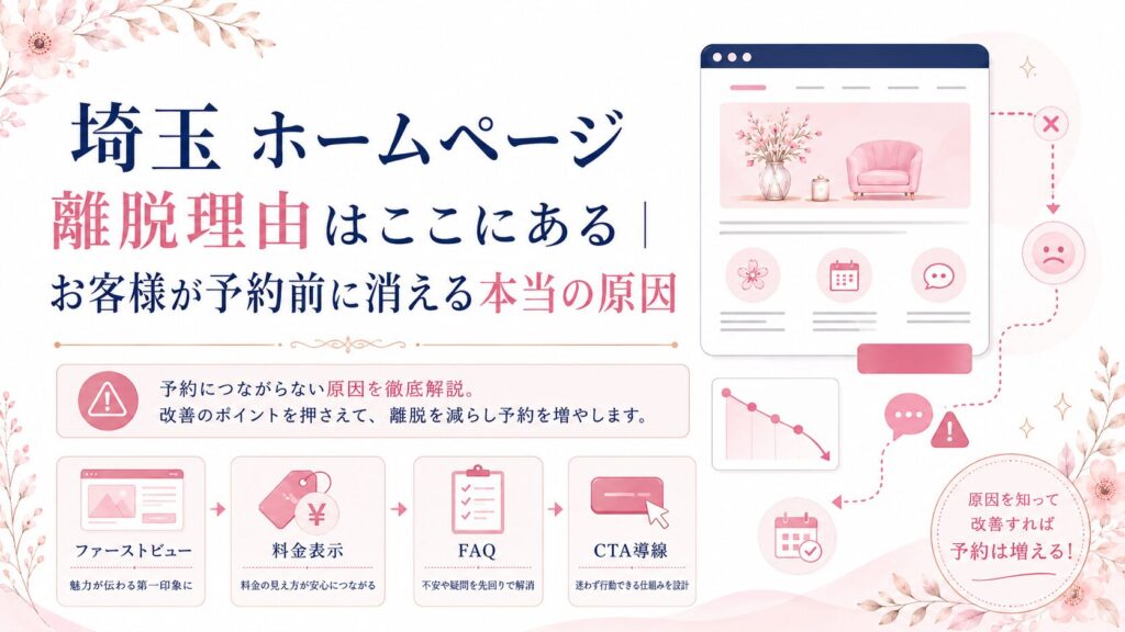 埼玉のホームページでお客様が予約前に離脱する理由を、ファーストビュー・料金表示・FAQ・CTA導線の改善ポイントで示したブログ用アイキャッチ画像