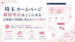 埼玉のホームページでお客様が予約前に離脱する理由を、ファーストビュー・料金表示・FAQ・CTA導線の改善ポイントで示したブログ用アイキャッチ画像