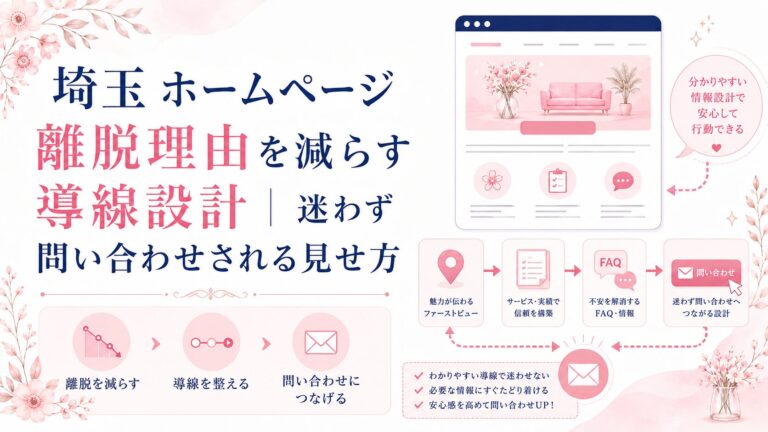 埼玉のホームページで離脱理由を減らす導線設計を、ファーストビュー・FAQ・CTA・問い合わせ導線の流れで示したブログ用アイキャッチ画像