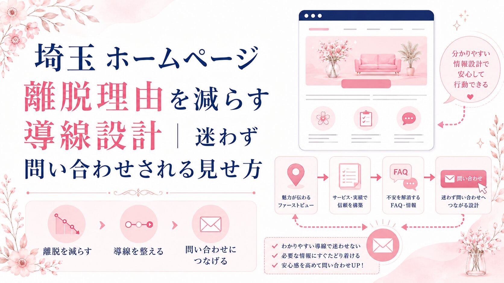 埼玉のホームページで離脱理由を減らす導線設計を、ファーストビュー・FAQ・CTA・問い合わせ導線の流れで示したブログ用アイキャッチ画像