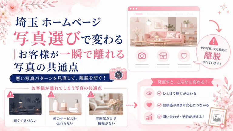 埼玉のホームページ写真選びでお客様が離れる原因を、暗い写真・サービスが伝わらない写真・雰囲気だけの写真で示したブログ用アイキャッチ画像