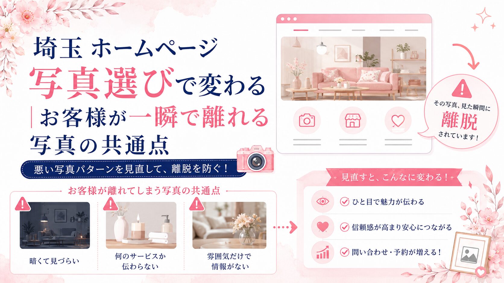 埼玉のホームページ写真選びでお客様が離れる原因を、暗い写真・サービスが伝わらない写真・雰囲気だけの写真で示したブログ用アイキャッチ画像