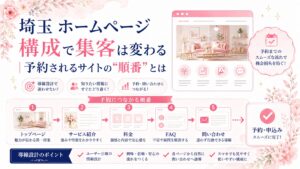 埼玉のホームページ構成で集客を変える方法を、トップページ・サービス紹介・料金・FAQ・問い合わせまでの順番で示したブログ用アイキャッチ画像