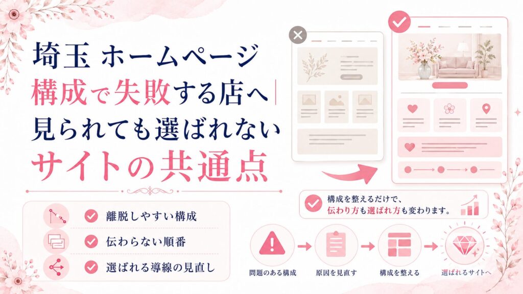 埼玉のホームページ構成で失敗する原因を、離脱しやすい構成・伝わらない順番・選ばれる導線の見直しで示したブログ用アイキャッチ画像