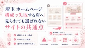 埼玉のホームページ構成で失敗する原因を、離脱しやすい構成・伝わらない順番・選ばれる導線の見直しで示したブログ用アイキャッチ画像