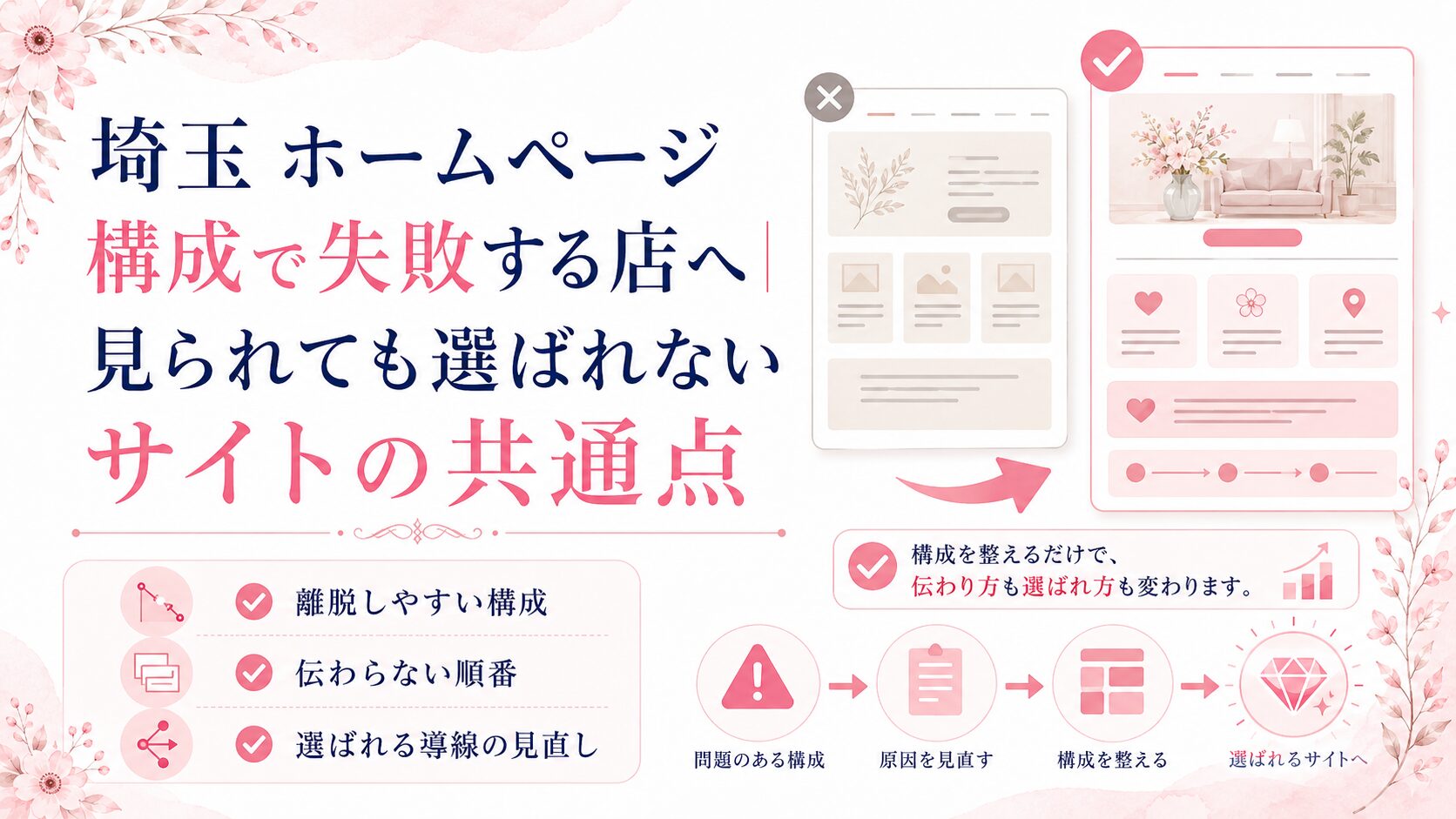 埼玉のホームページ構成で失敗する原因を、離脱しやすい構成・伝わらない順番・選ばれる導線の見直しで示したブログ用アイキャッチ画像