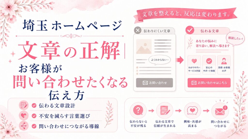 埼玉のホームページ文章で問い合わせにつなげる方法を、伝わる文章設計・不安を減らす言葉選び・導線改善で示したブログ用アイキャッチ画像