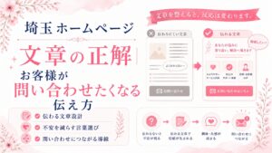 埼玉のホームページ文章で問い合わせにつなげる方法を、伝わる文章設計・不安を減らす言葉選び・導線改善で示したブログ用アイキャッチ画像