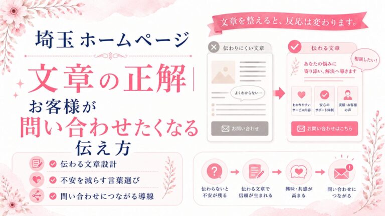 埼玉のホームページ文章で問い合わせにつなげる方法を、伝わる文章設計・不安を減らす言葉選び・導線改善で示したブログ用アイキャッチ画像