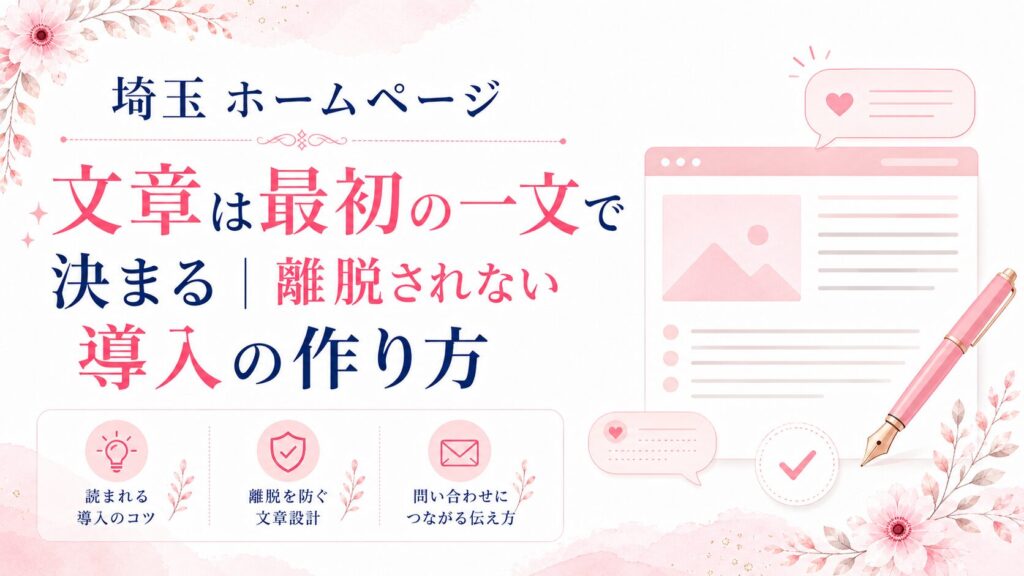埼玉のホームページ文章で最初の一文と導入文を整え、離脱を防ぎ問い合わせにつなげる方法を示したブログ用アイキャッチ画像