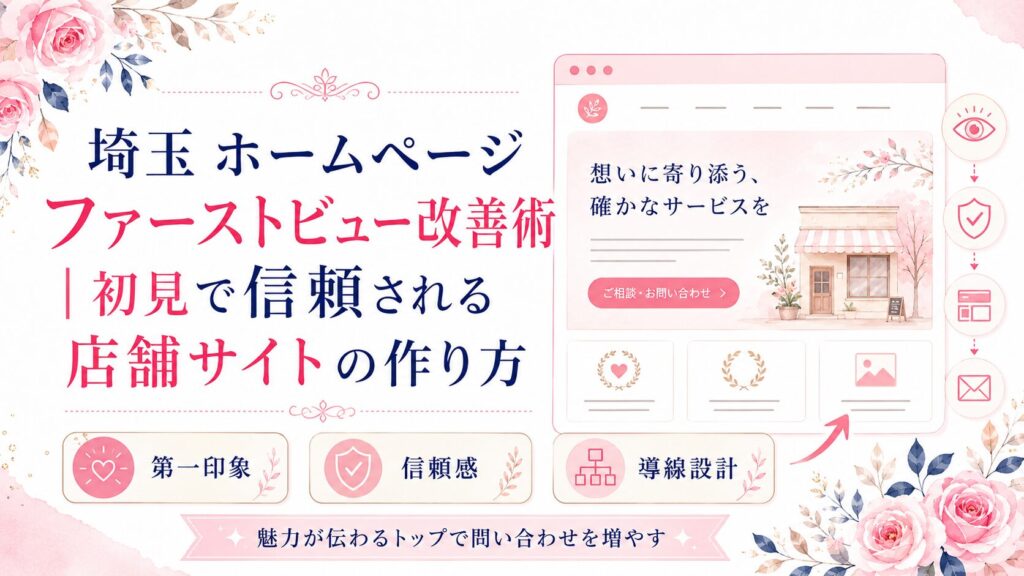 埼玉のホームページファーストビュー改善術を、第一印象・信頼感・導線設計の視点で示したブログ用アイキャッチ画像