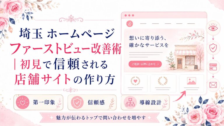 埼玉のホームページファーストビュー改善術を、第一印象・信頼感・導線設計の視点で示したブログ用アイキャッチ画像