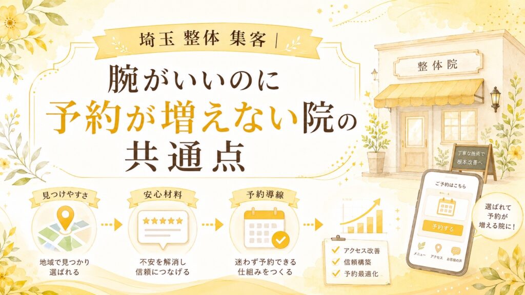 埼玉の整体院向けに、腕がいいのに予約が増えない原因と、見つけやすさ・安心材料・予約導線の改善を解説するアイキャッチ画像