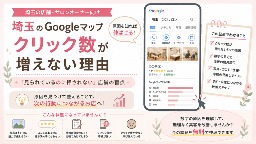 埼玉のGoogleマップでクリック数が増えない理由と写真・口コミ・店舗情報・導線の改善ポイントを解説するアイキャッチ画像
