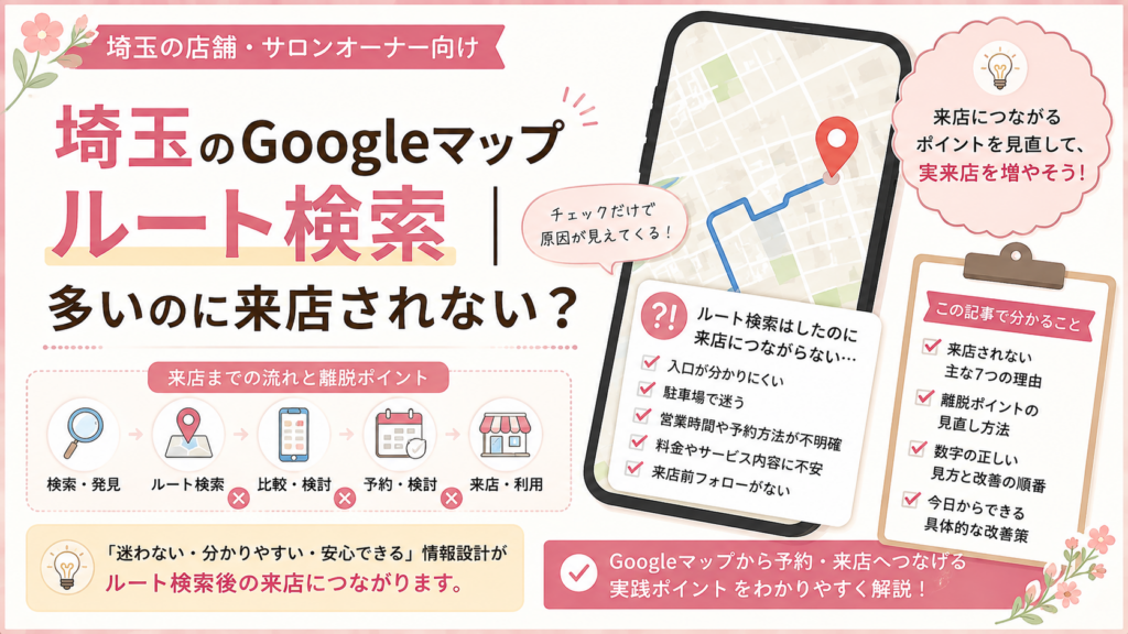 埼玉のGoogleマップルート検索が多いのに来店されない原因と改善ポイントを解説するイメージ