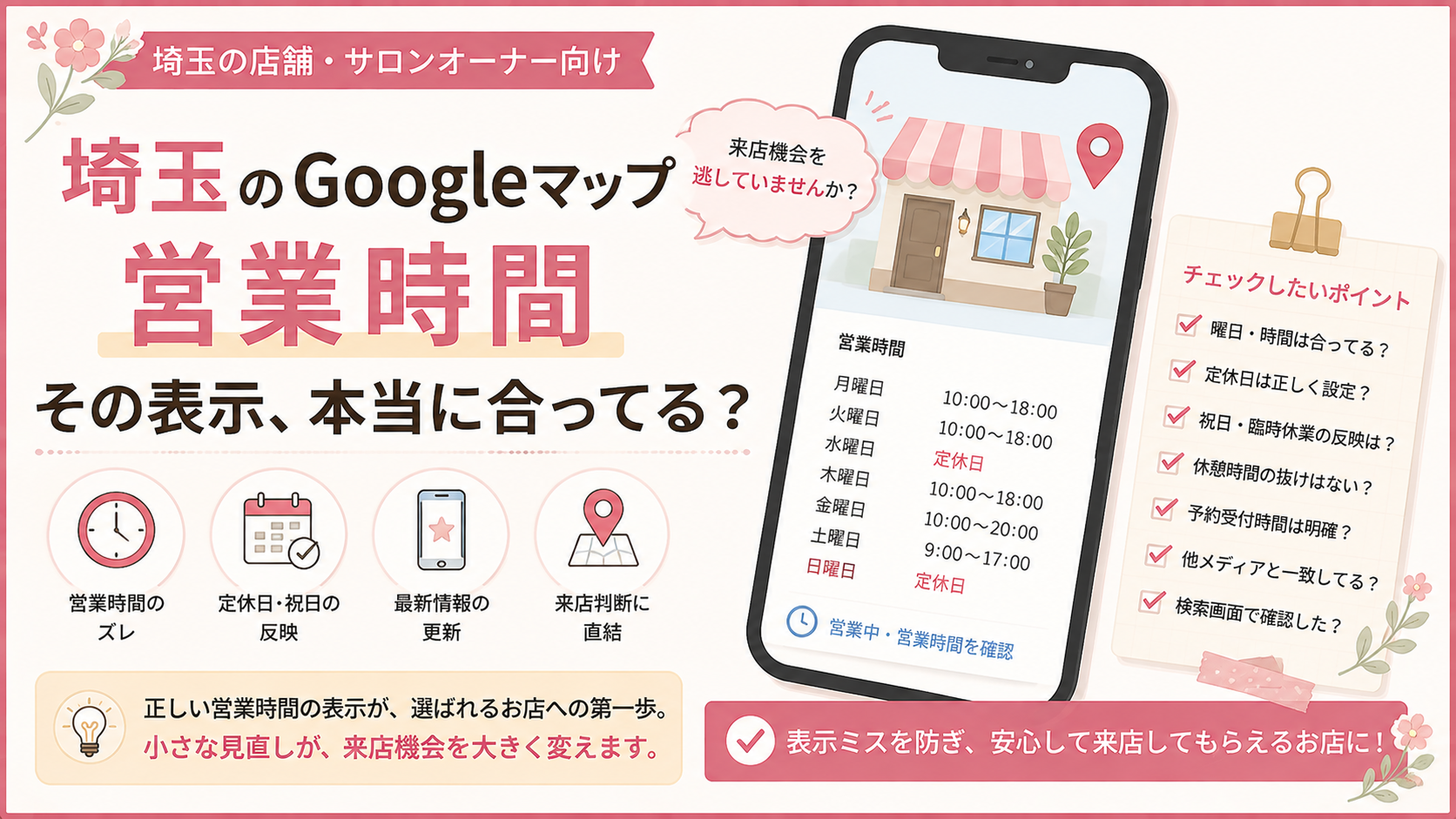 埼玉のGoogleマップ営業時間を正しく設定するポイントを解説したイラスト