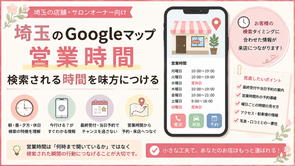 埼玉のGoogleマップ営業時間を検索時間に合わせて予約・来店につなげる方法を解説したイラスト