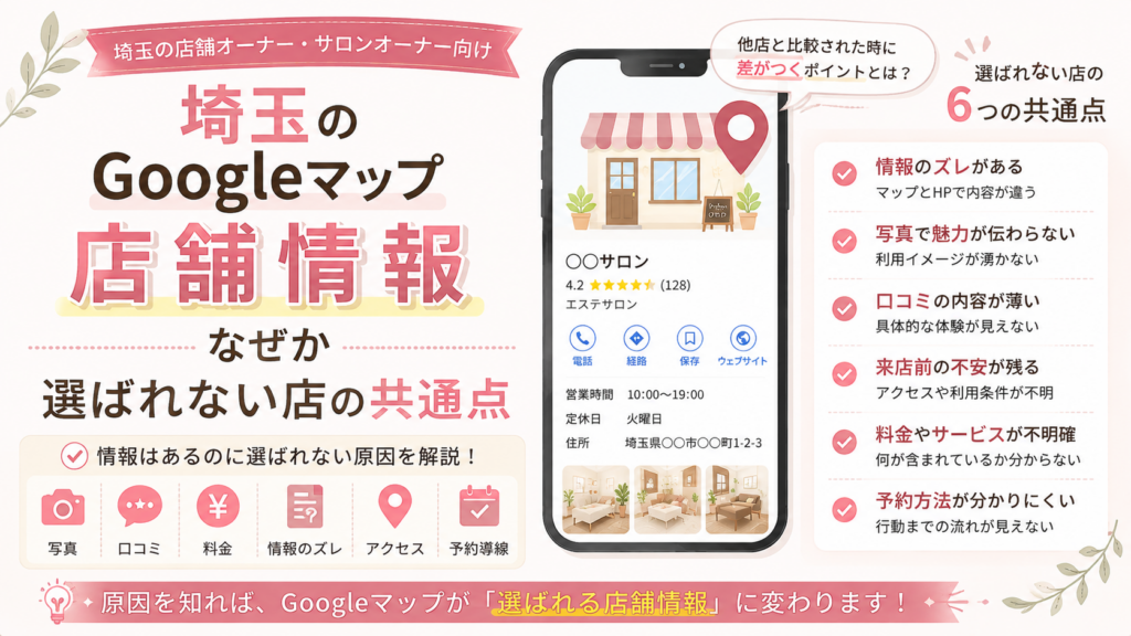 埼玉のGoogleマップ店舗情報で選ばれない店の6つの共通点を解説するイラスト