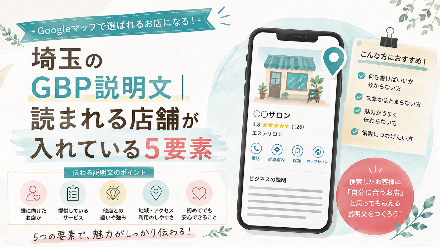 埼玉のGBP説明文で読まれる店舗が入れている5要素を解説するイラスト