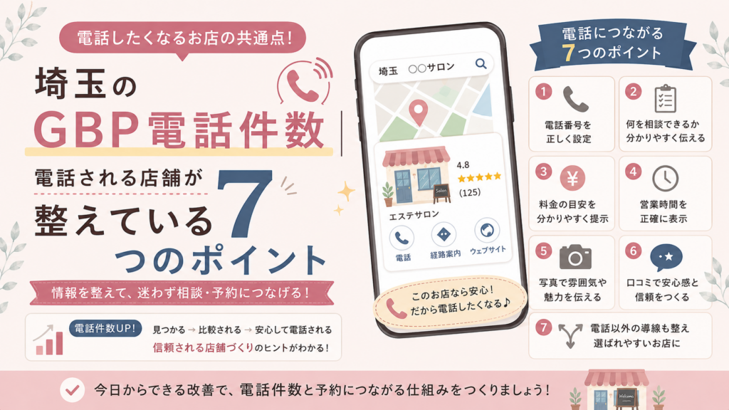 埼玉のGBP電話件数を増やすために、電話番号・サービス内容・料金・営業時間・写真・口コミ・問い合わせ導線の7つの改善ポイントを解説するイラスト