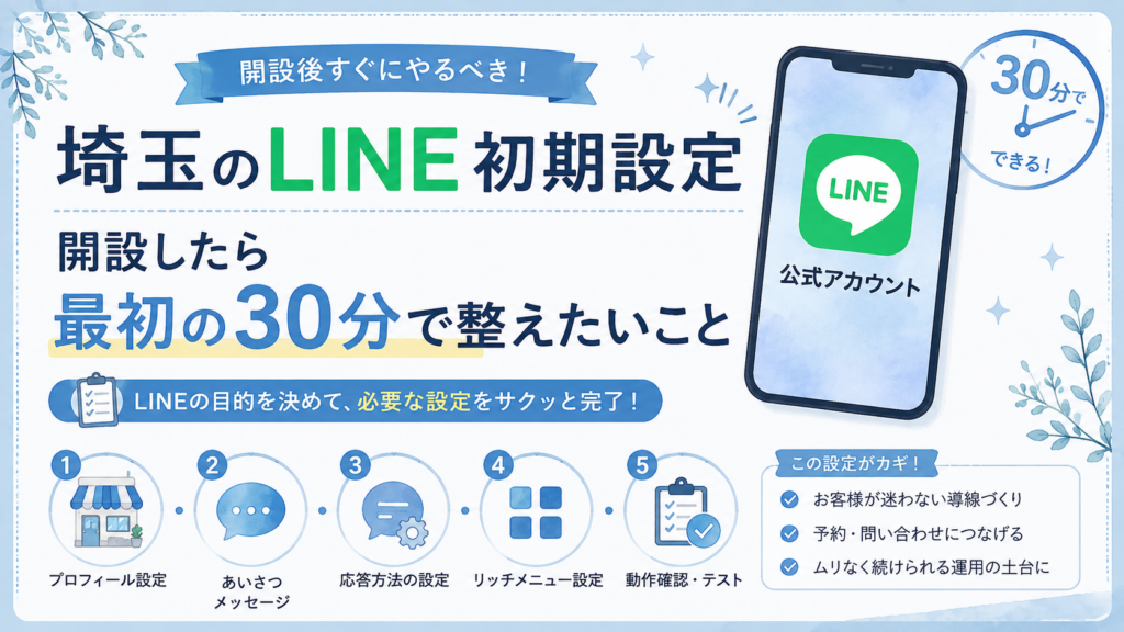 埼玉のLINE初期設定について、プロフィール・あいさつメッセージ・応答方法・リッチメニュー・動作確認を30分で整える流れを解説するイラスト