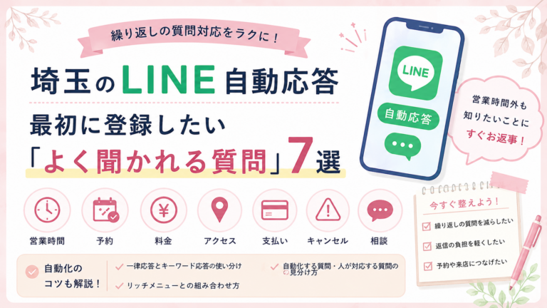 埼玉のLINE自動応答について、営業時間・予約・料金・アクセス・支払い・キャンセル・相談の7つの質問と自動返信の活用方法を解説するイラスト