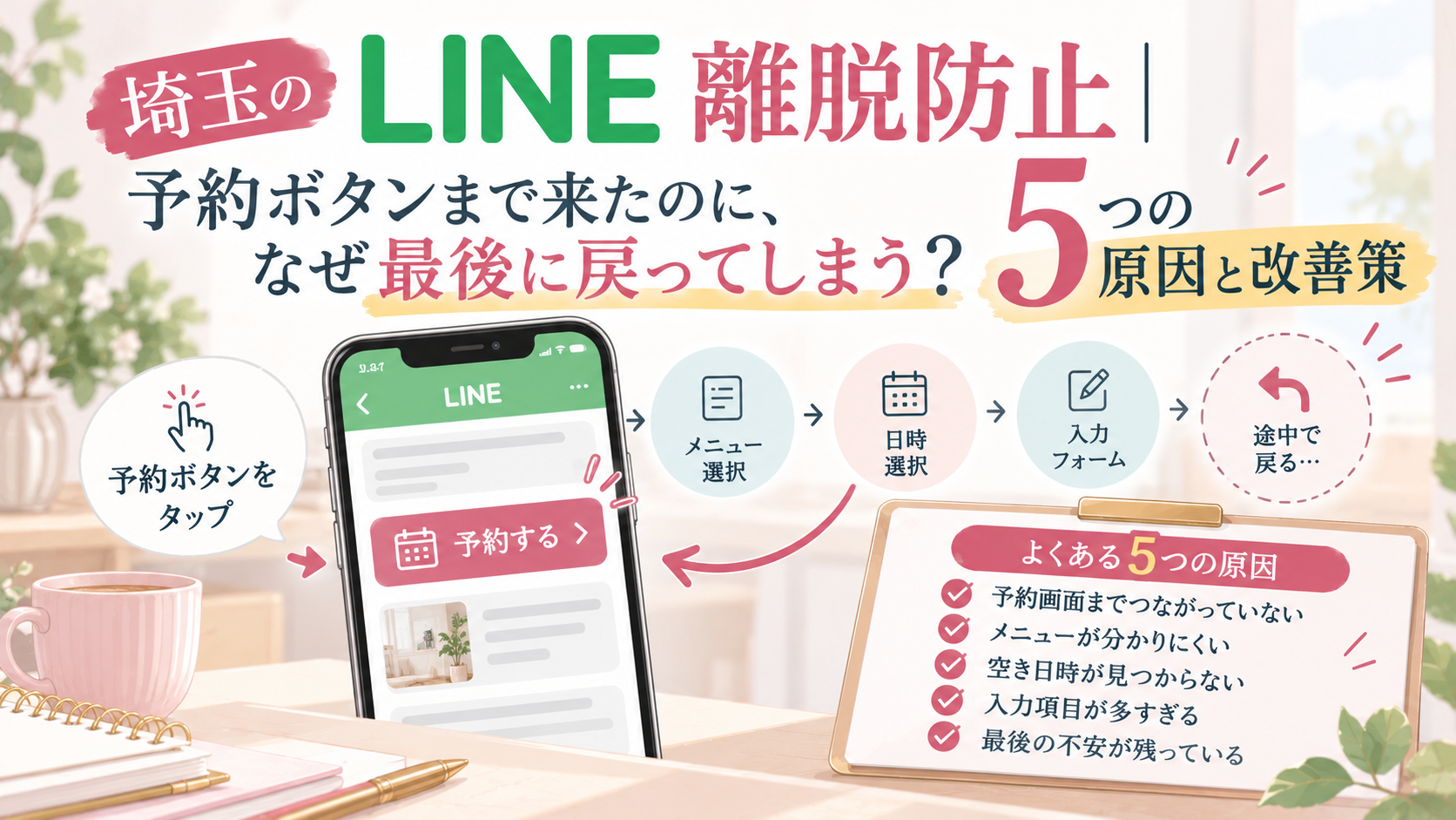 埼玉のLINE離脱防止として、予約ボタンを押した後に途中で戻ってしまう5つの原因と予約導線の改善策を解説するイラスト