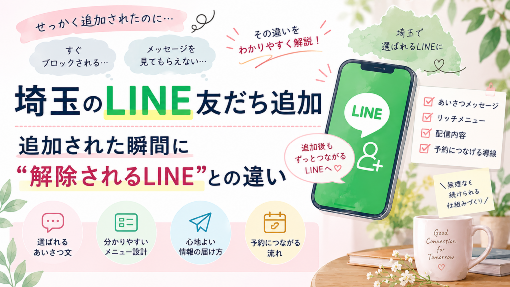 埼玉のLINE友だち追加後に解除されやすい原因と、あいさつメッセージ・リッチメニュー・配信・予約導線の改善方法を解説するイラスト