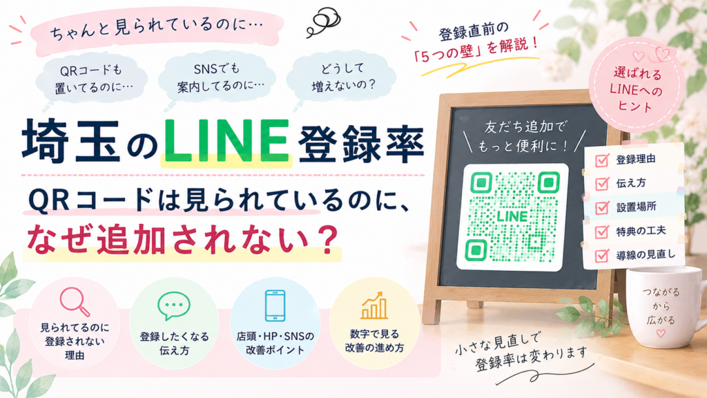 埼玉のLINE登録率が伸びない原因と、QRコード・登録理由・店頭・HP・SNSの導線を改善するポイントを解説するイラスト