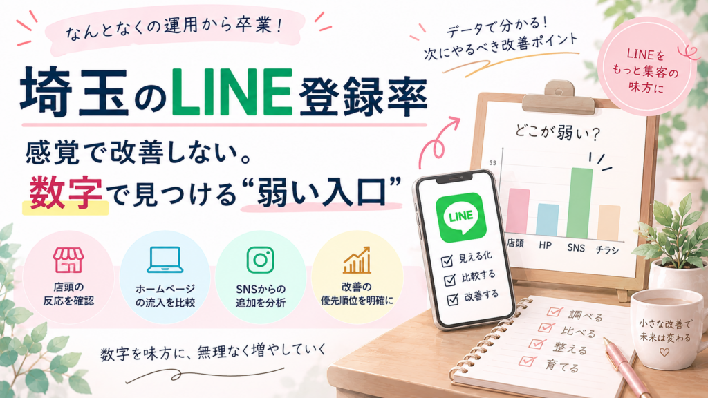 埼玉のLINE登録率を数字で分析し、店頭・ホームページ・SNSなどの弱い入口を見つけて改善する方法を解説するイラスト