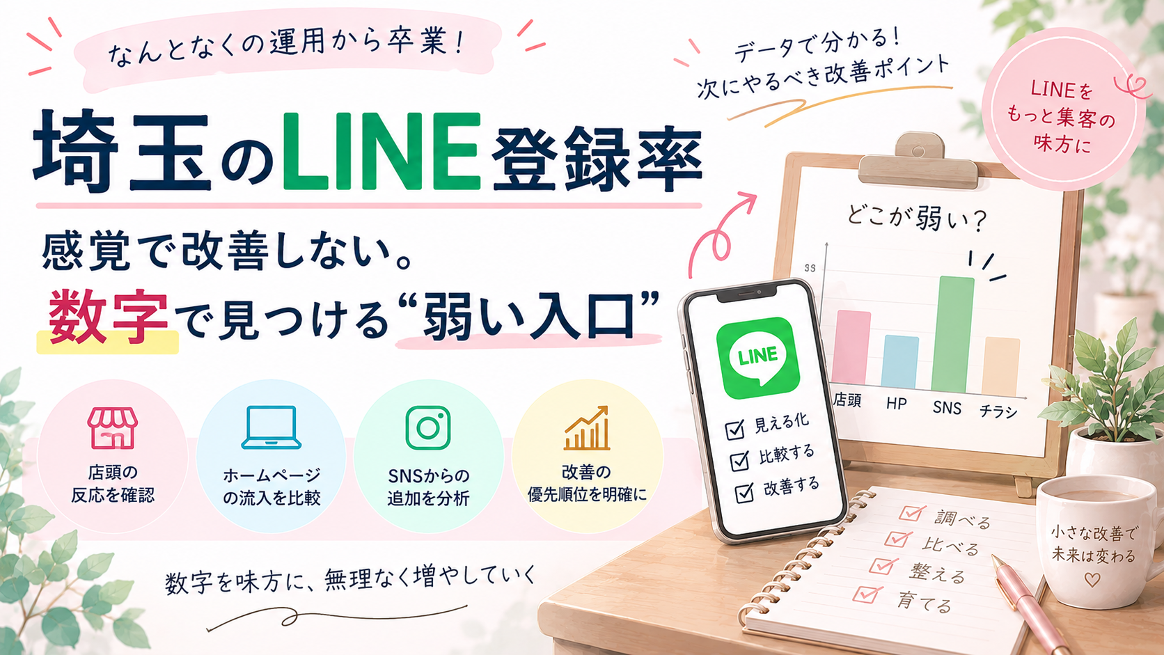 埼玉のLINE登録率を数字で分析し、店頭・ホームページ・SNSなどの弱い入口を見つけて改善する方法を解説するイラスト