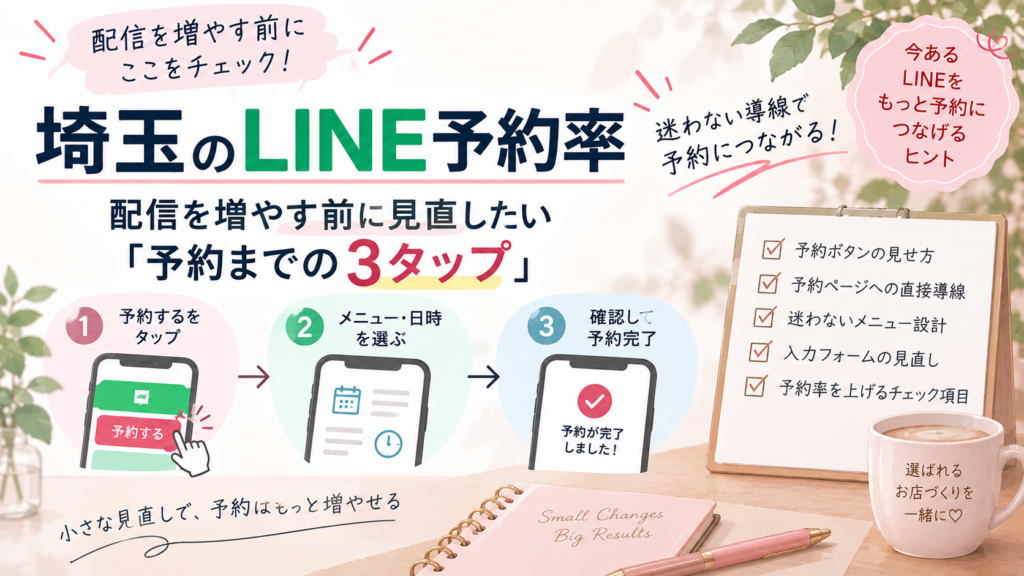 埼玉のLINE予約率を改善するため、配信前に見直したい予約までの3タップと予約導線の改善ポイントを解説するイラスト