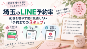 埼玉のLINE予約率を改善するため、配信前に見直したい予約までの3タップと予約導線の改善ポイントを解説するイラスト