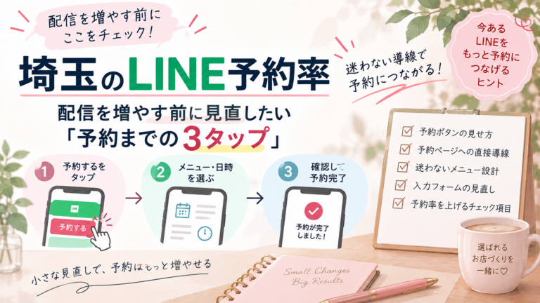 埼玉のLINE予約率を改善するため、配信前に見直したい予約までの3タップと予約導線の改善ポイントを解説するイラスト
