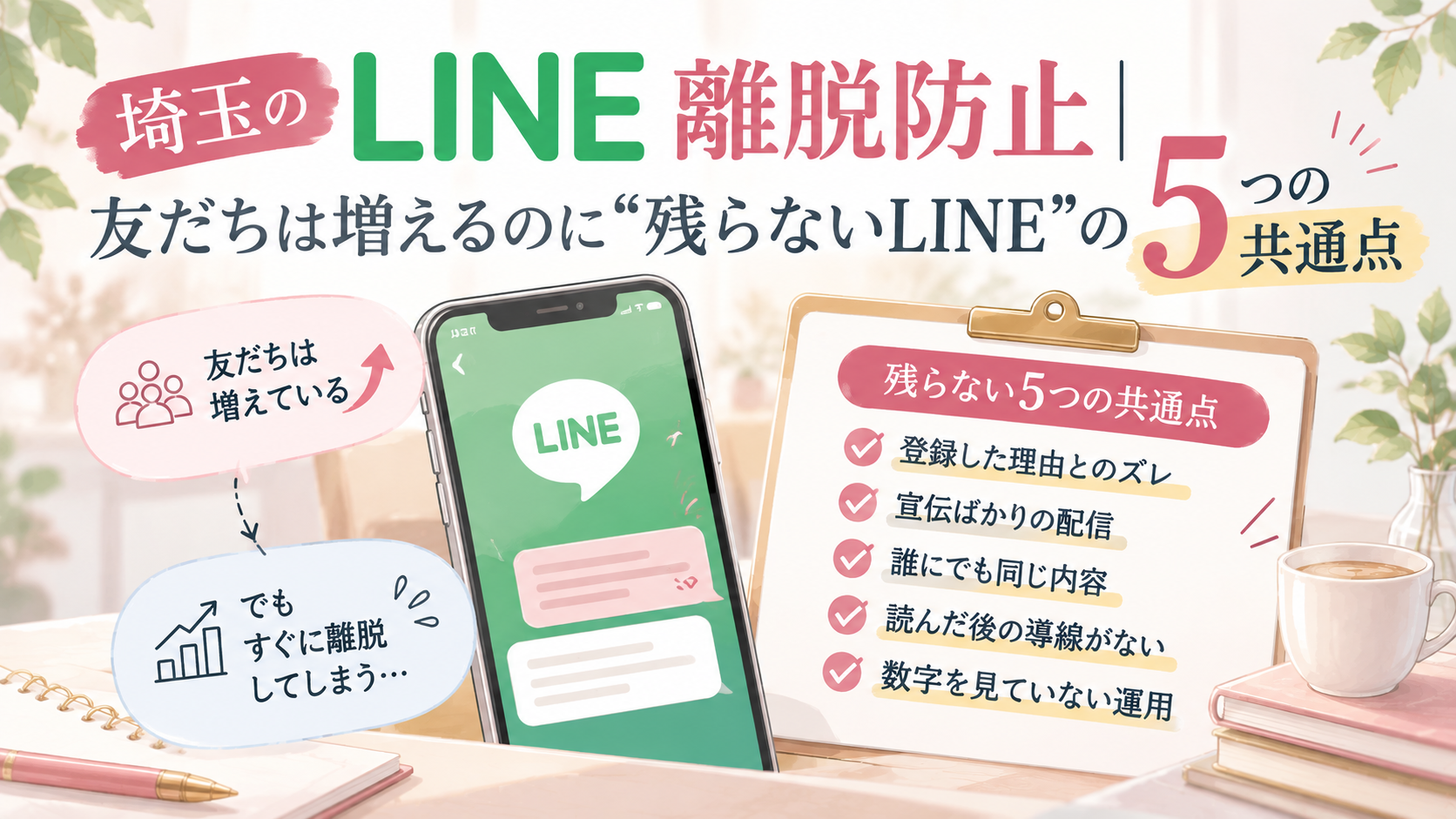 埼玉のLINE離脱防止として、友だちは増えるのに残らないLINEの5つの共通点と改善ポイントを解説するイラスト