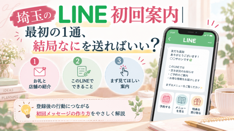 埼玉のLINE初回案内で、友だち追加後の最初の1通に入れたい3つの情報と初回メッセージの作り方を解説するイラスト