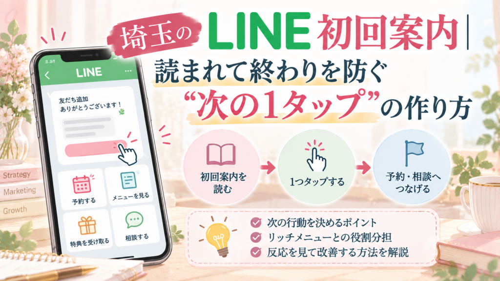 埼玉のLINE初回案内で、読まれて終わりを防ぎ、次の1タップから予約・相談につなげる導線設計を解説するイラスト